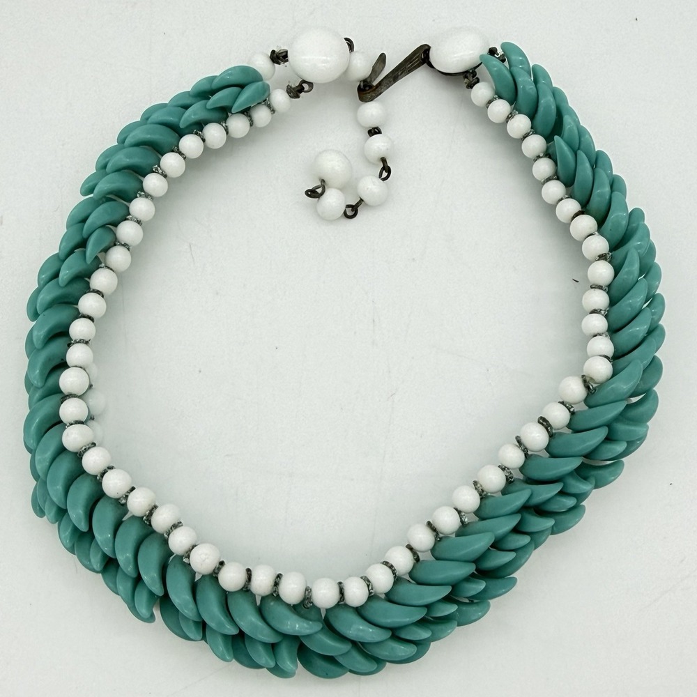 Vtg Haskell Era Turquoise Milk Glass Choker Necklace Hand Made Blue White Spiked
